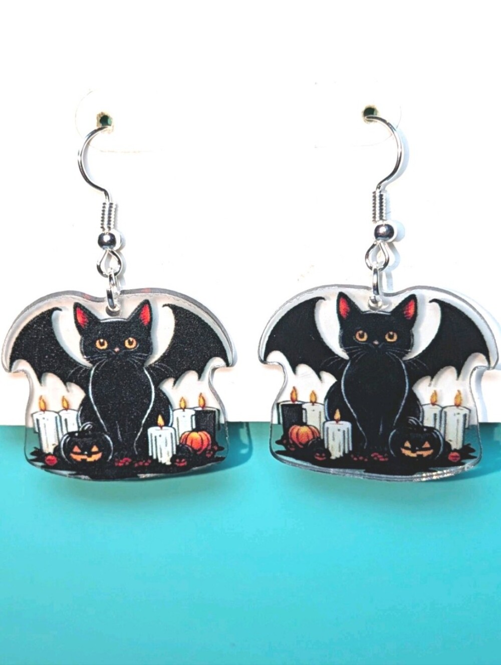Hand Crafted Black & Orange Cat Bat Wing Halloween Dangle Earrings